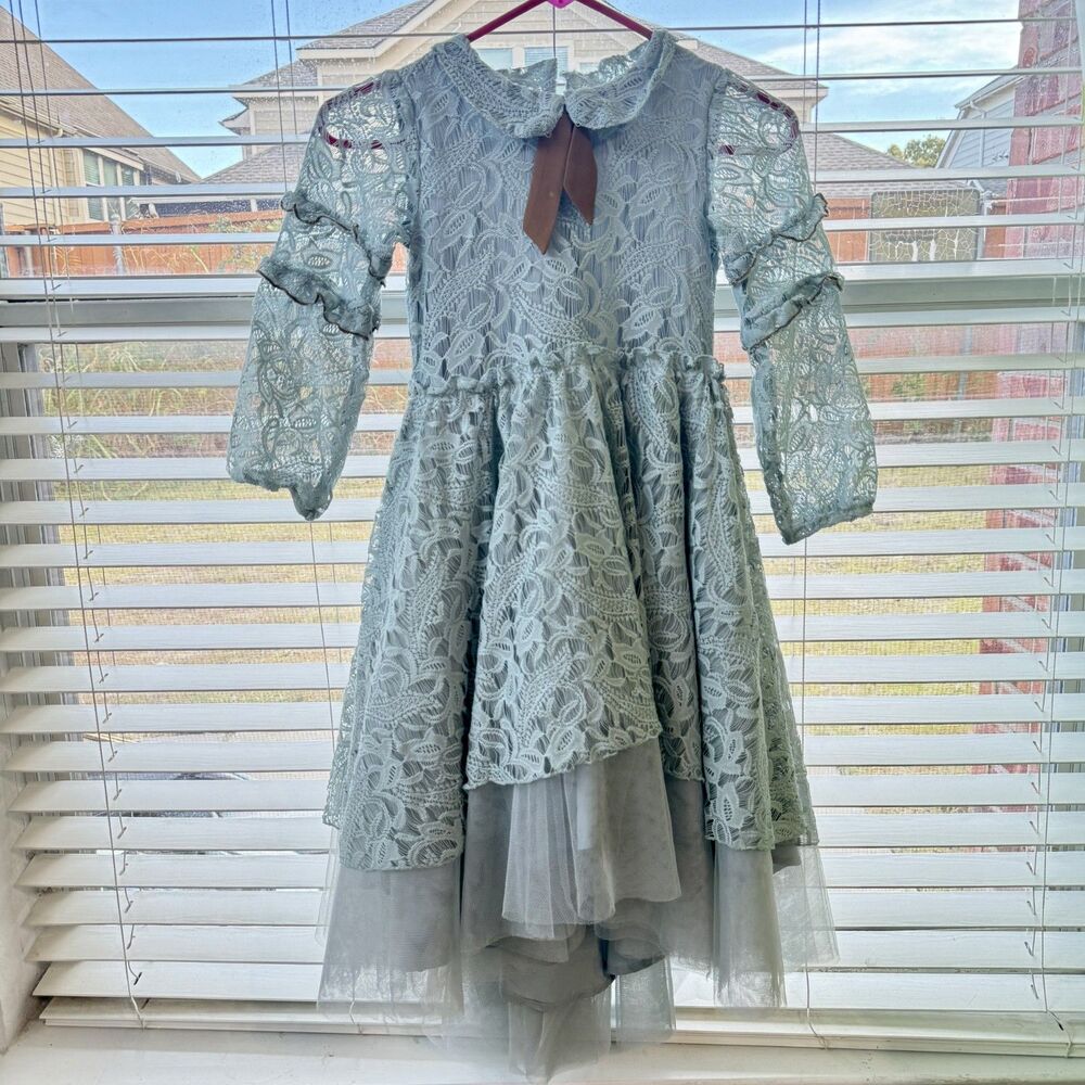 Mia Joy Girls Green Long Sleeve Lace Dress Great Condition Size 8